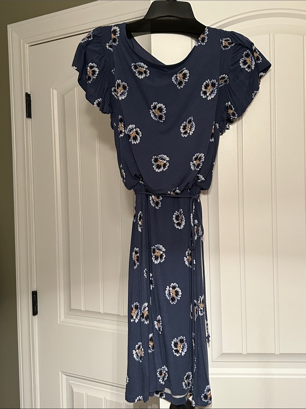 LOFT Navy Floral Flutter-Sleeve Tie-Waist Midi Dress